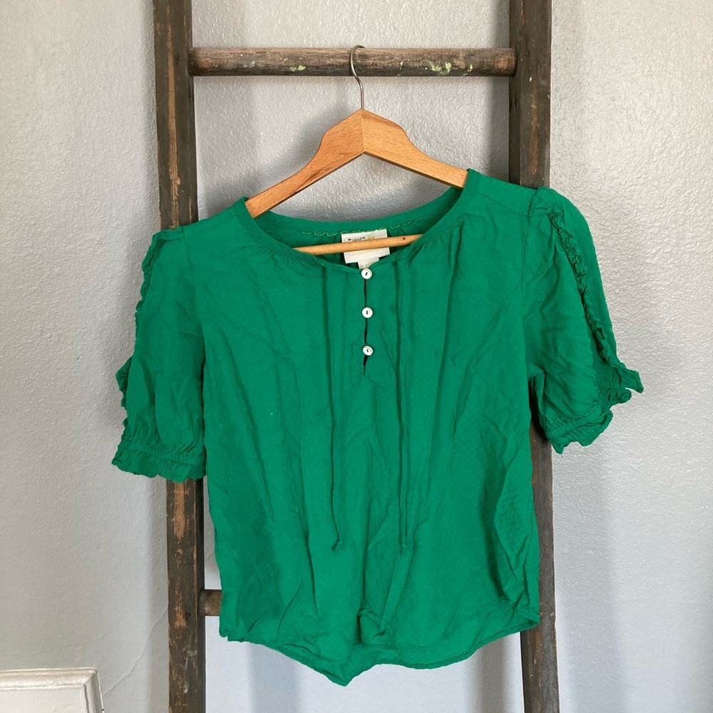Maeve by Anthropologie Green Ruffle Sleeve Blouse